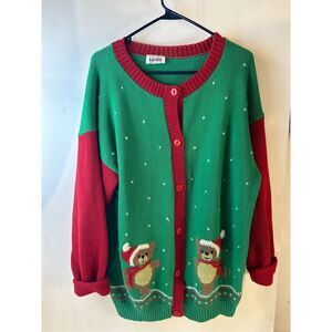 Keren Hart large green red button Christmas sweater usa Bears